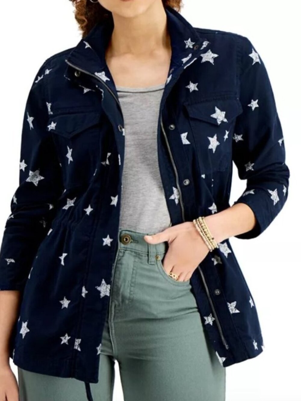 NWT Style & Co. Starry Starry Night Industrial Blue Field Utility Jacket Sz PS